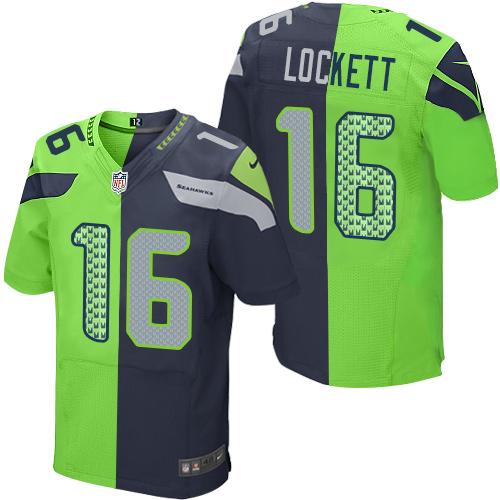 Nike Seahawks #16 Tyler Lockett Steel Blue/Green Men's Stitched NFL Elite Split Jersey - Click Image to Close